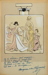 Karikatur von Coco Chanel (1883-1971) in einer Flasche Chanel No.5, aus 